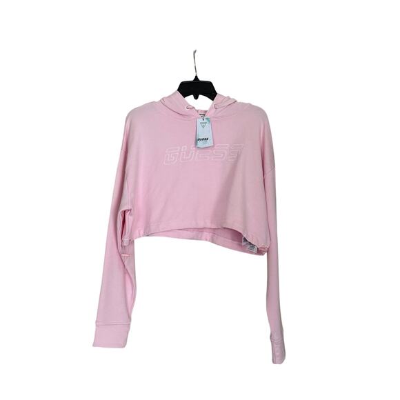 Guess Logo Cropped Hooded Sweatshirt Size S Reflective Long Sleeved pink - Picture 1 of 6